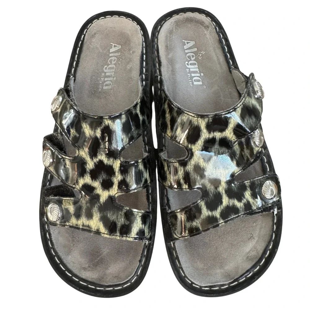 Alegria Women 39 Black Animal Print Patent Leather Slide Sandals‎ Wedge
